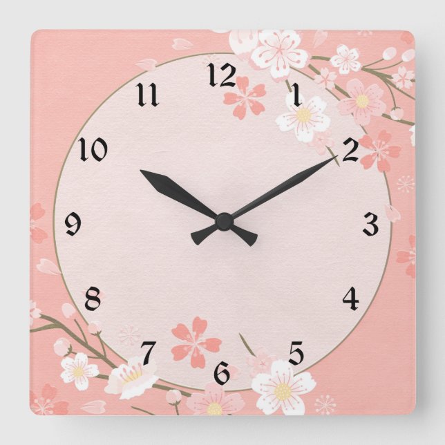 Pastel Pink Floral pattern Square Wall Clock (Front)