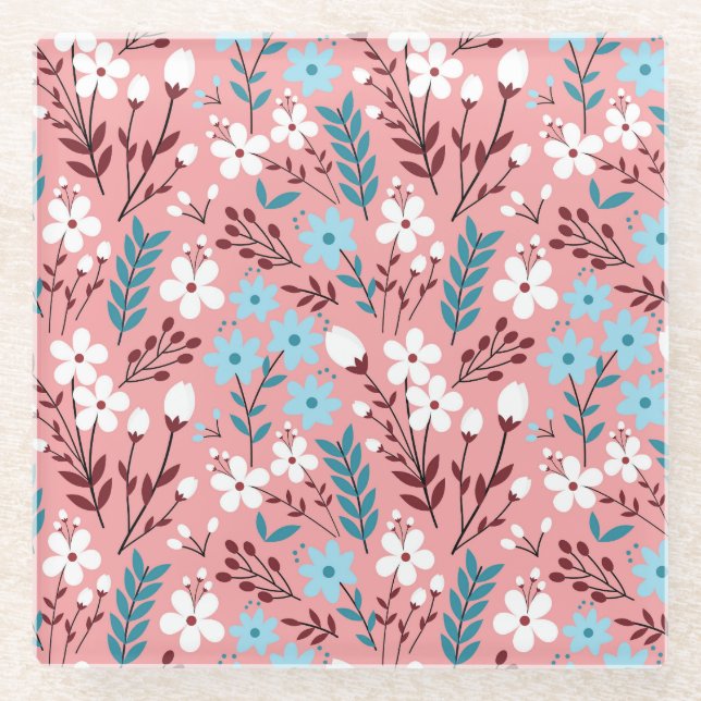 Pastel Pink Floral Seamless Pattern. Glass Coaster (Front)