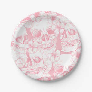 pastel pink floral Skull skeleton flower halloween Paper Plate