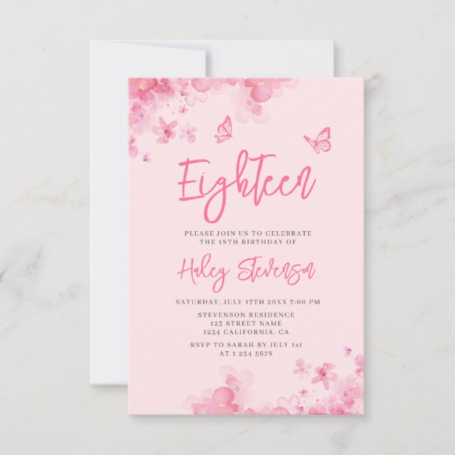 Pastel pink floral soft watercolor 18th Birthday Invitation (Front)