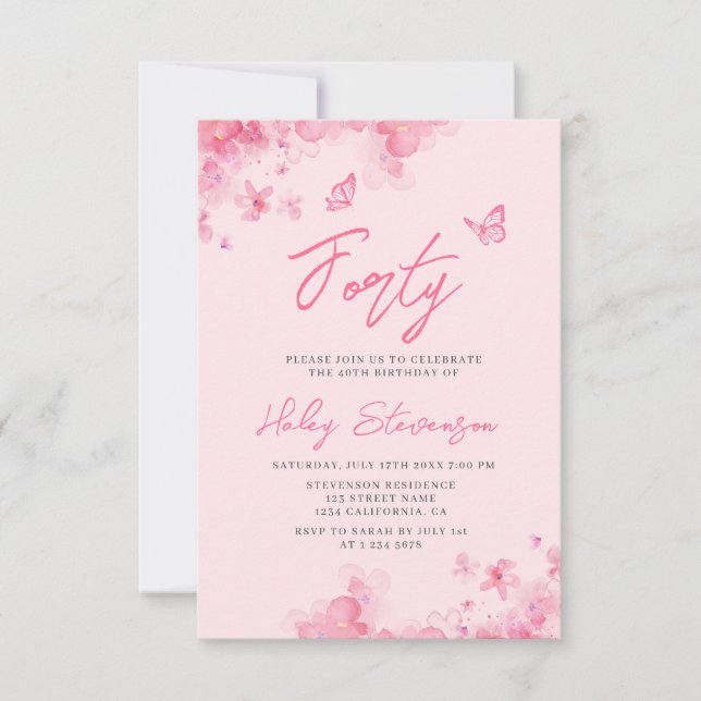 Pastel pink floral soft watercolor 40th Birthday Invitation (Front)