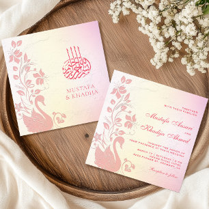 Pastel Pink Floral Swan Islamic Muslim Wedding Invitation