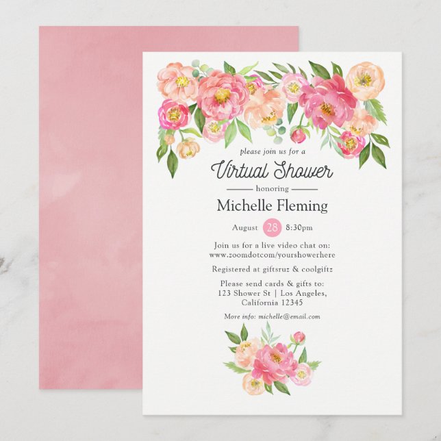 Pastel Pink Floral Virtual Baby or Bridal Shower Invitation (Front/Back)