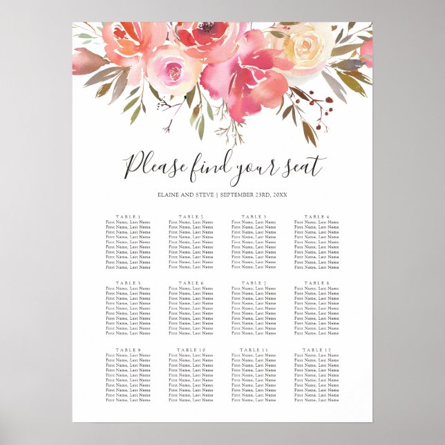 Pastel Pink Floral Wedding 12 Table Seating Chart (Front)