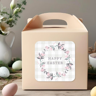 Pastel Pink Floral Wreath Happy Easter Gift Square Sticker
