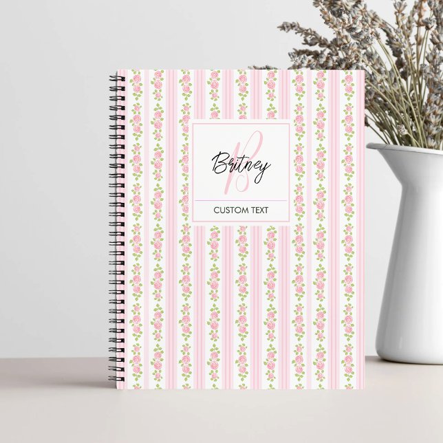 Pastel Pink Flowers and Stripes Coquette Monogram  Notebook (Creator Uploaded)