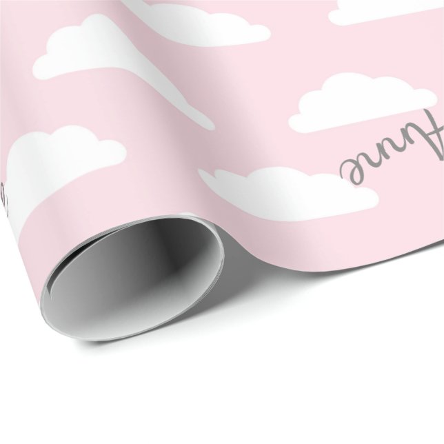 pastel pink fluffy clouds custom message wrapping paper (Roll Corner)