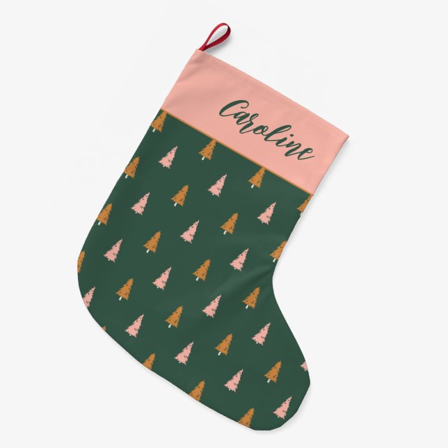 Pastel Pink & Forest Green Trees Holiday Large Christmas Stocking (Front (Hanging))