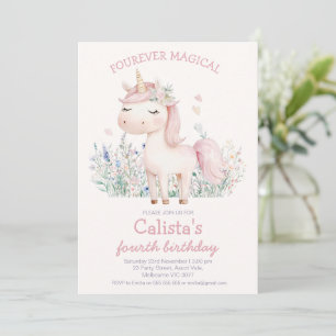 Pastel Pink Fourever Magical Unicorn Birthday Invitation