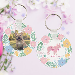 Pastel Pink French Bulldog Silhouette Floral Photo Key Ring
