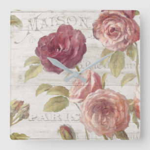 Pastel Pink French Roses Square Wall Clock