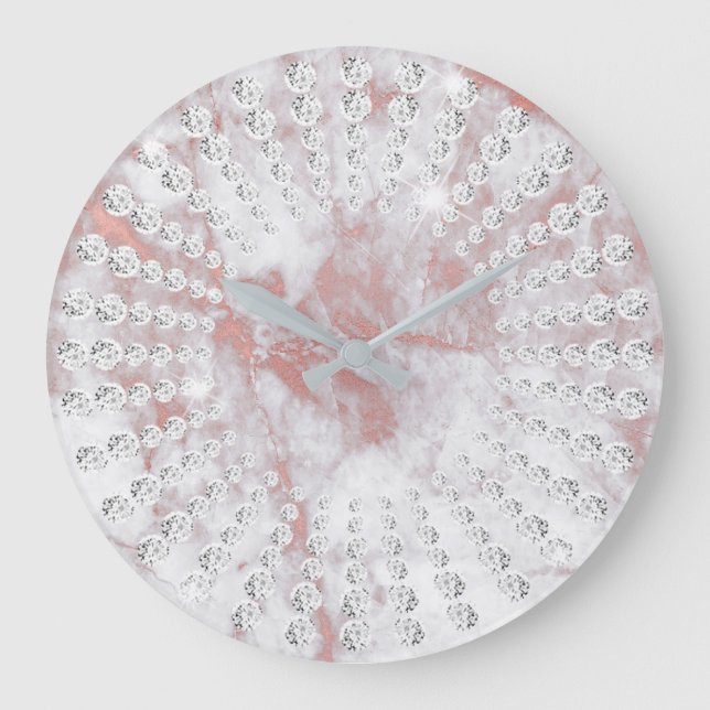 Pastel Pink Gem Crystal Diamonds Grey Marble Large Clock (Front)