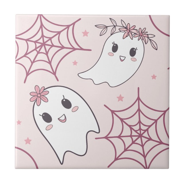 Pastel Pink Ghost Halloween Kawaii Pattern Ceramic Tile (Front)