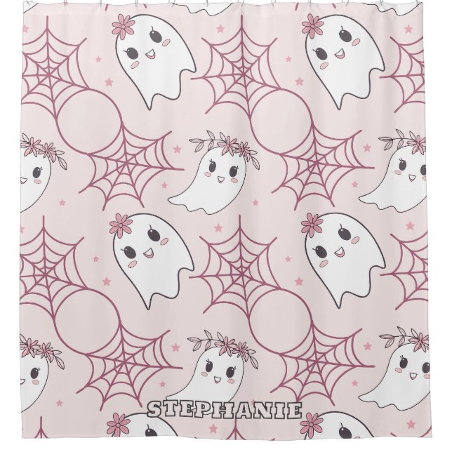 Pastel Pink Ghost Halloween Kawaii Pattern Shower Curtain (Front)