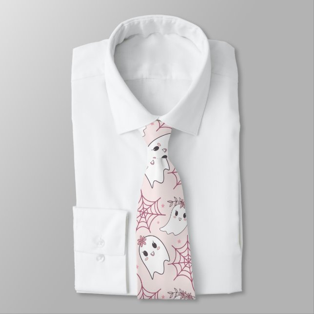 Pastel Pink Ghost Halloween Kawaii Pattern Tie (Tied)