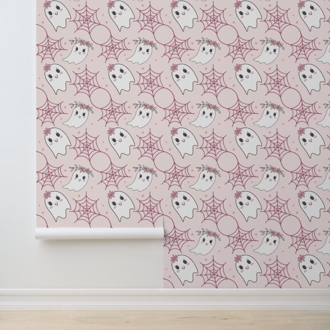 Pastel Pink Ghost Halloween Kawaii Pattern Wallpaper (Application)