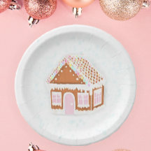 Pastel Pink Gingerbread House Paper Plate