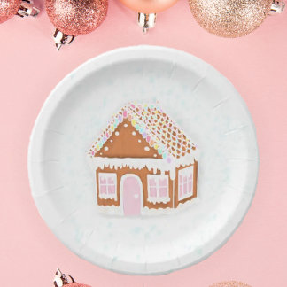 Pastel Pink Gingerbread House Paper Plate