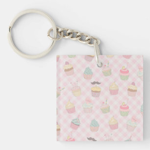 Pastel Pink Gingham Cute Cupcakes Pattern Key Ring