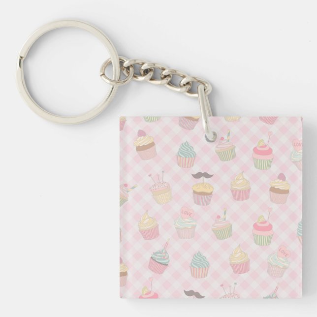 Pastel Pink Gingham Cute Cupcakes Pattern Key Ring (Front)