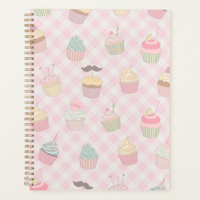 Pastel Pink Gingham Cute Cupcakes Pattern Planner (Front)