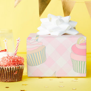 Pastel Pink Gingham Cute Cupcakes Pattern Wrapping Paper