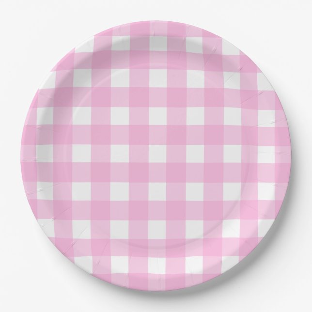 Pastel Pink Gingham Pattern Paper Plate (Front)