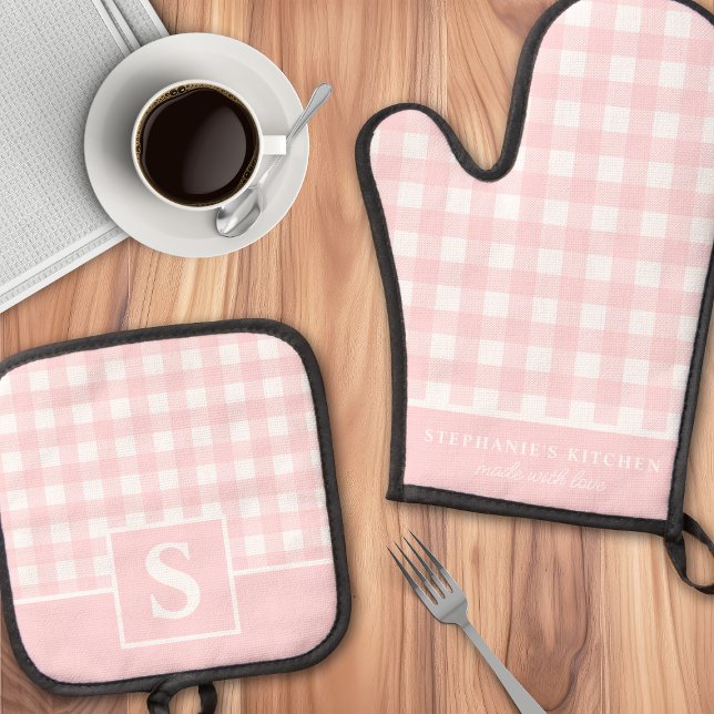 Pastel Pink Gingham Plaid Chequered Monogrammed Oven Mitt & Pot Holder Set (Creator Uploaded)