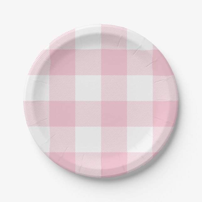 Pastel Pink Gingham Plaid Pattern Paper Plate (Front)