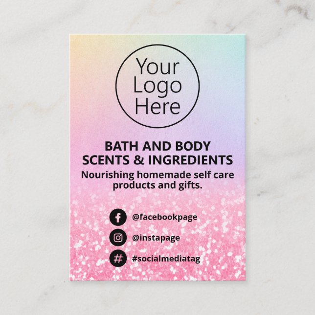 Pastel & Pink Glitter Spa Ingredient List Logo Business Card (Front)