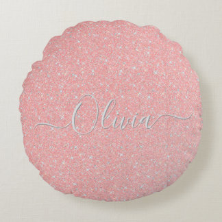 Pastel Pink Glitter Sparkle Custom Name  Round Cushion