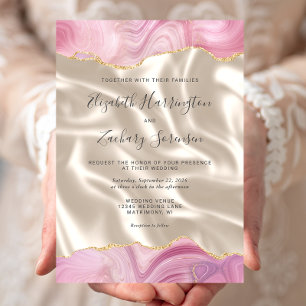 Pastel Pink Gold Agate Ivory Silk Wedding Invitation