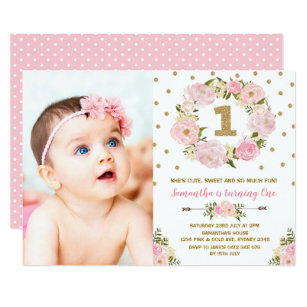 Pastel Pink Gold Floral First 1st Birthday Invite
