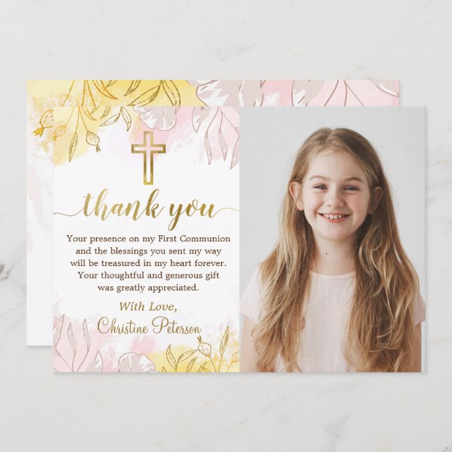 Pastel Pink Gold Floral First Communion Photo Thank You Card (Front/Back)
