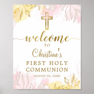 Pastel Pink Gold Floral First Communion Welcome Poster