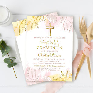 Pastel Pink Gold Floral First Holy Communion Invitation