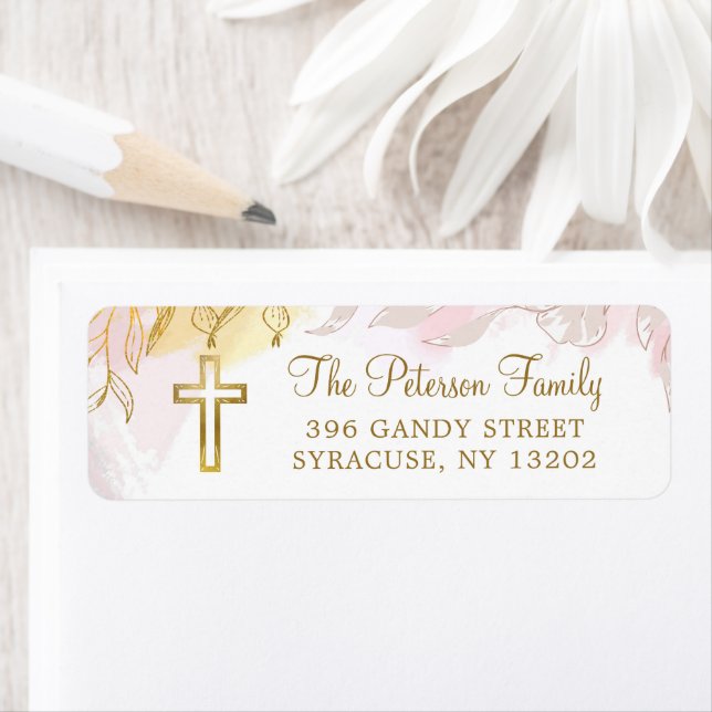Pastel Pink Gold Floral Religious Return Address Label (Insitu)