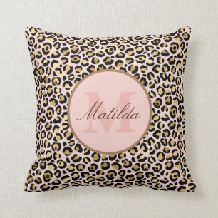 Pastel Pink & Gold Leopard Animal Print Monogram Cushion