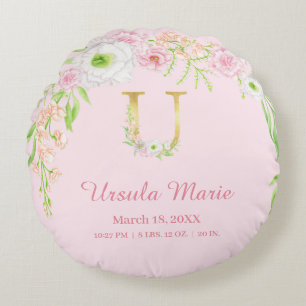 Pastel Pink Gold Monogram "U" Baby Girl Stats Round Cushion