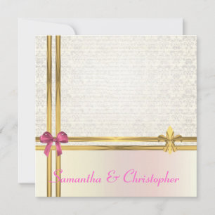 Pastel pink & gold ribbon with white damask invitation