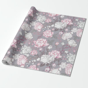 PASTEL PINK & GRAY CARNATIONS FLOWERS WRAPPING PAPER