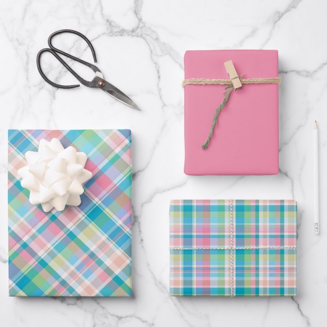 Pastel Pink, Green, Blue & White Plaid Wrapping Paper Sheet (Front)
