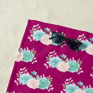 Pastel Pink & Green Floral Bouquet on Magenta Back Beach Towel