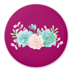 Pastel Pink & Green Floral Bouquet on Magenta Back Ceramic Knob