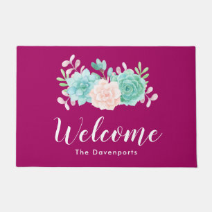 Pastel Pink & Green Floral Bouquet on Magenta Back Doormat