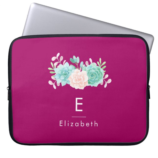 Pastel Pink & Green Floral Bouquet on Magenta Back Laptop Sleeve (Front)