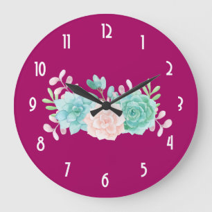 Pastel Pink & Green Floral Bouquet on Magenta Back Large Clock