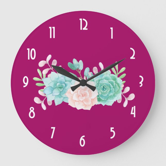 Pastel Pink & Green Floral Bouquet on Magenta Back Large Clock (Front)