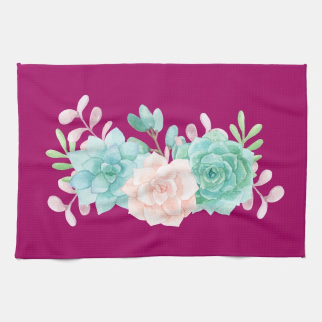 Pastel Pink & Green Floral Bouquet on Magenta Back Tea Towel (Horizontal)
