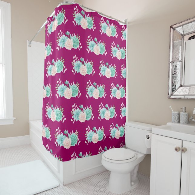 Pastel Pink & Green Floral Bouquet Pattern Shower Curtain (In Situ)